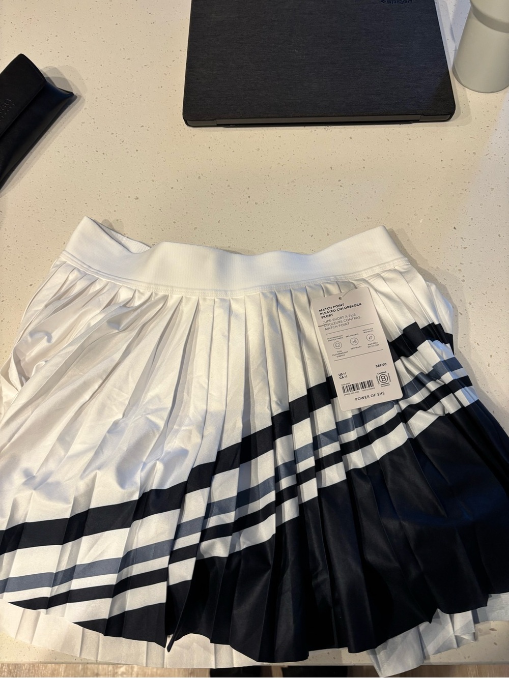 Athleta White and Black Striped Pleated Skater Skirt